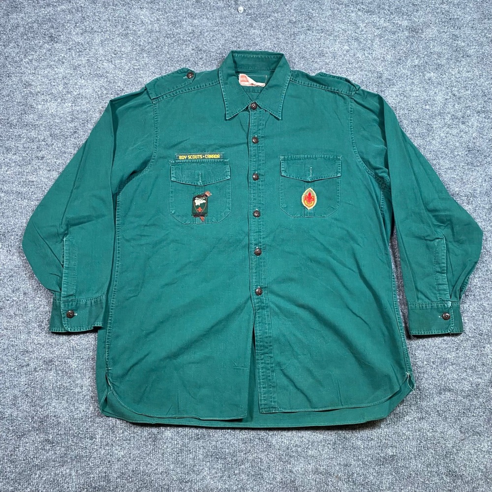 Vintage Boy Scouts Canada Official Uniform Shirt Green Long Sleeve Patches Mens
